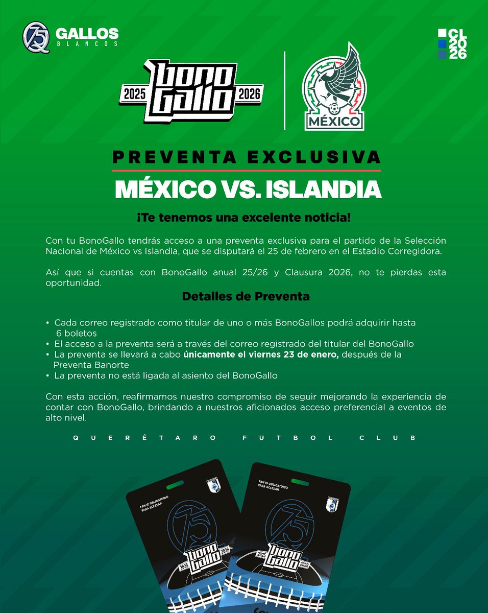 ¡Atención! 🚨

Si tienes #BonoGallo tendrás acceso a la preventa exclusiva para el partido de <a href="/miseleccionmx/">Selección Nacional</a> ante Islandia. 🇲🇽

Este y muuuchos beneficios más, solo para abonados.

Y si aún no tienes el tuyo, adquiérelo aquí: boletos.clubqueretaro.com/#tabs

#SomosMéxico