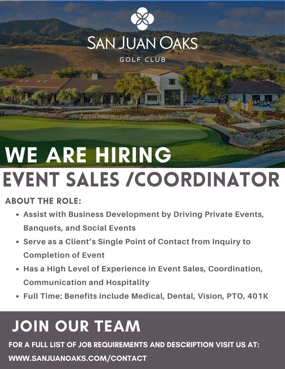 ✨ We're growing our team! ✨
This client-facing role is perfect for someone who loves hospitality, thrives on planning, and is ready to support unforgettable events. 
📍 For the full job description and application details please visit our website sanjuanoaks.com/contact