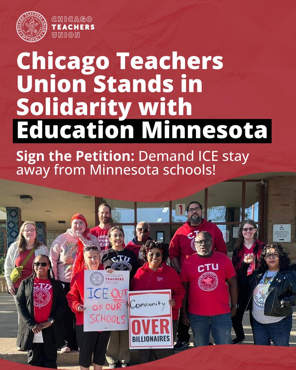 CTULocal1's tweet photo. The Chicago Teachers Union stands in solidarity with Education Minnesota, educators, students, and families impacted by ICE violence this week.

ICE’s activity on school property and harm to students, educators and community members is unacceptable. Schools must be safe, welcoming spaces for students and staff, not sites of fear and violence. ICE does not make our communities safer. It puts students, educators, and families at risk and undermines the right to learn and teach without terror.

We stand with Minnesota educators demanding that ICE respect sensitive locations and stay out of schools and school zones.

📢 Take action: Sign the petition to support Education Minnesota and demand accountability: https://t.co/wxp0gizofw

Solidarity means showing up and taking action across state lines.