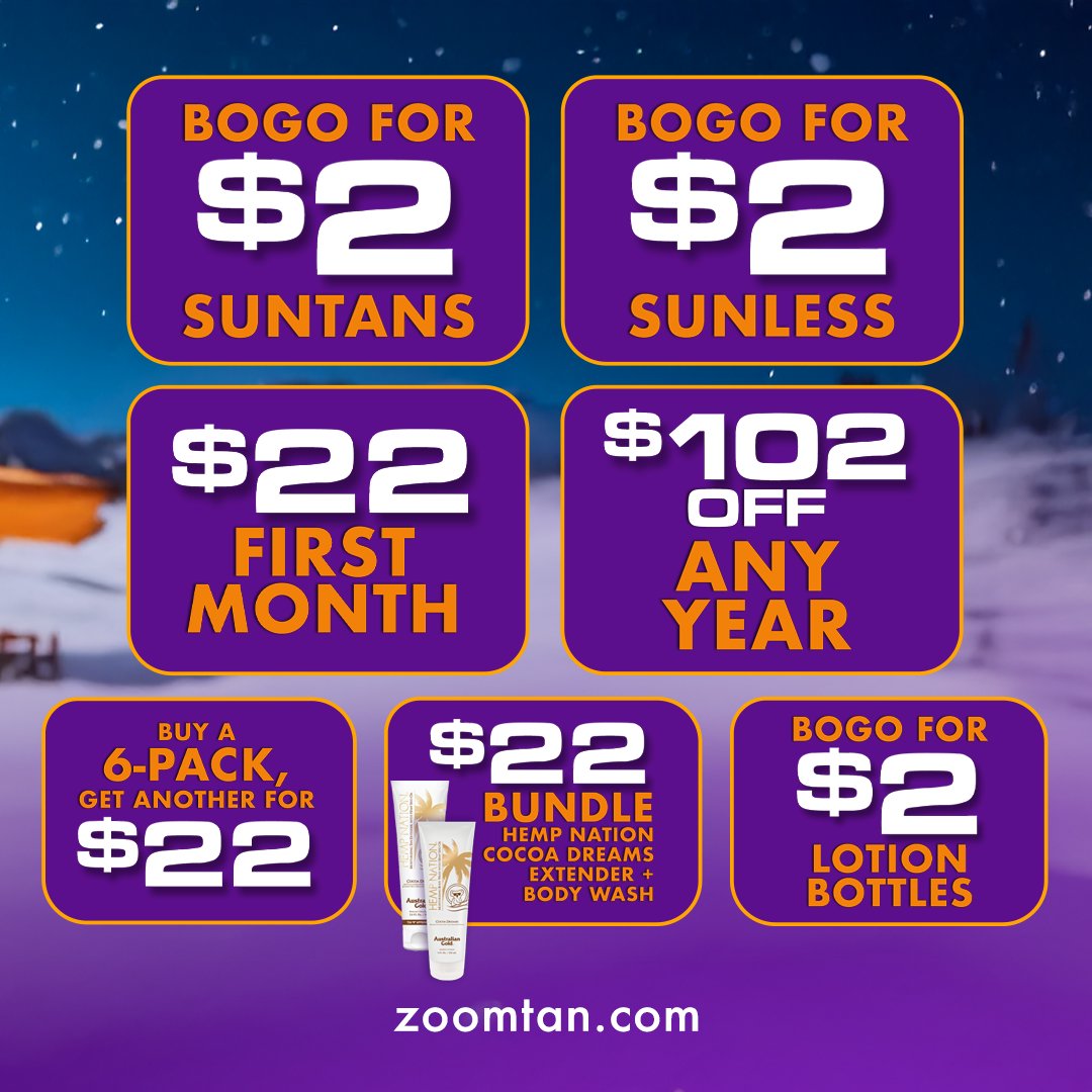 ZoomTan's tweet image. $2 Tuesday is back! Because every Tuesday in January deserves a good deal 😎
 
Here’s what’s waiting for you this week in TANuary:
1️⃣BOGO for $2 Suntans
2️⃣BOGO for $2 Sunless Tans
3️⃣$22 First Month of a Monthly Membership
4️⃣$102 OFF Any Year Membership
5️⃣Buy a 6-Pack, Get Another…