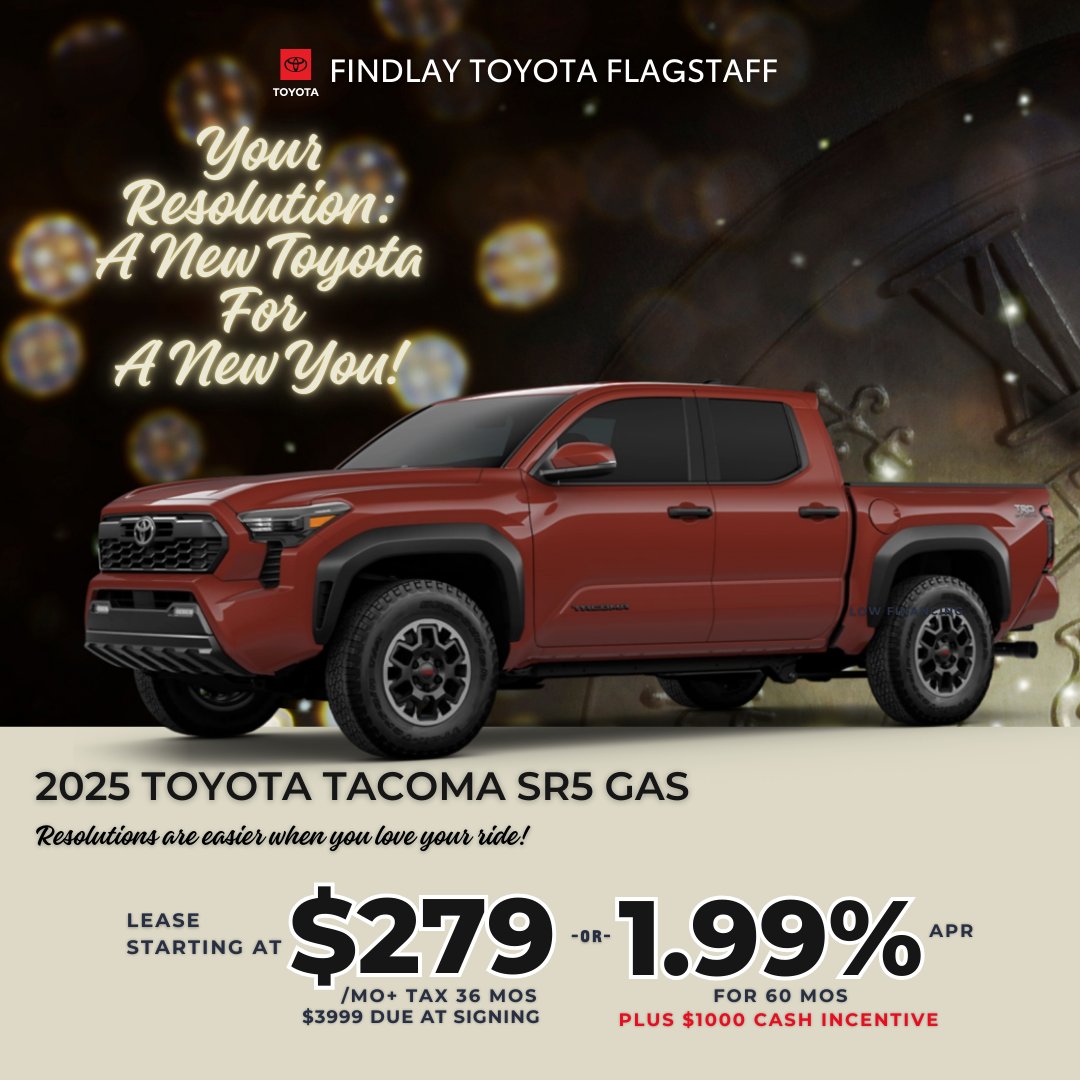 🛻 Ready to Roll?
Lease the 2025 Tacoma SR5 for just $279/mo for 36 mos OR get 1.99% APR for 60 mos + $1,000 cash back 💥 Built tough, ready for anything! #ToyotaTacoma #TruckLife #GetThatFindlayFeeling

Shop For Yours at 👉 p1.tt/4qCgVsN