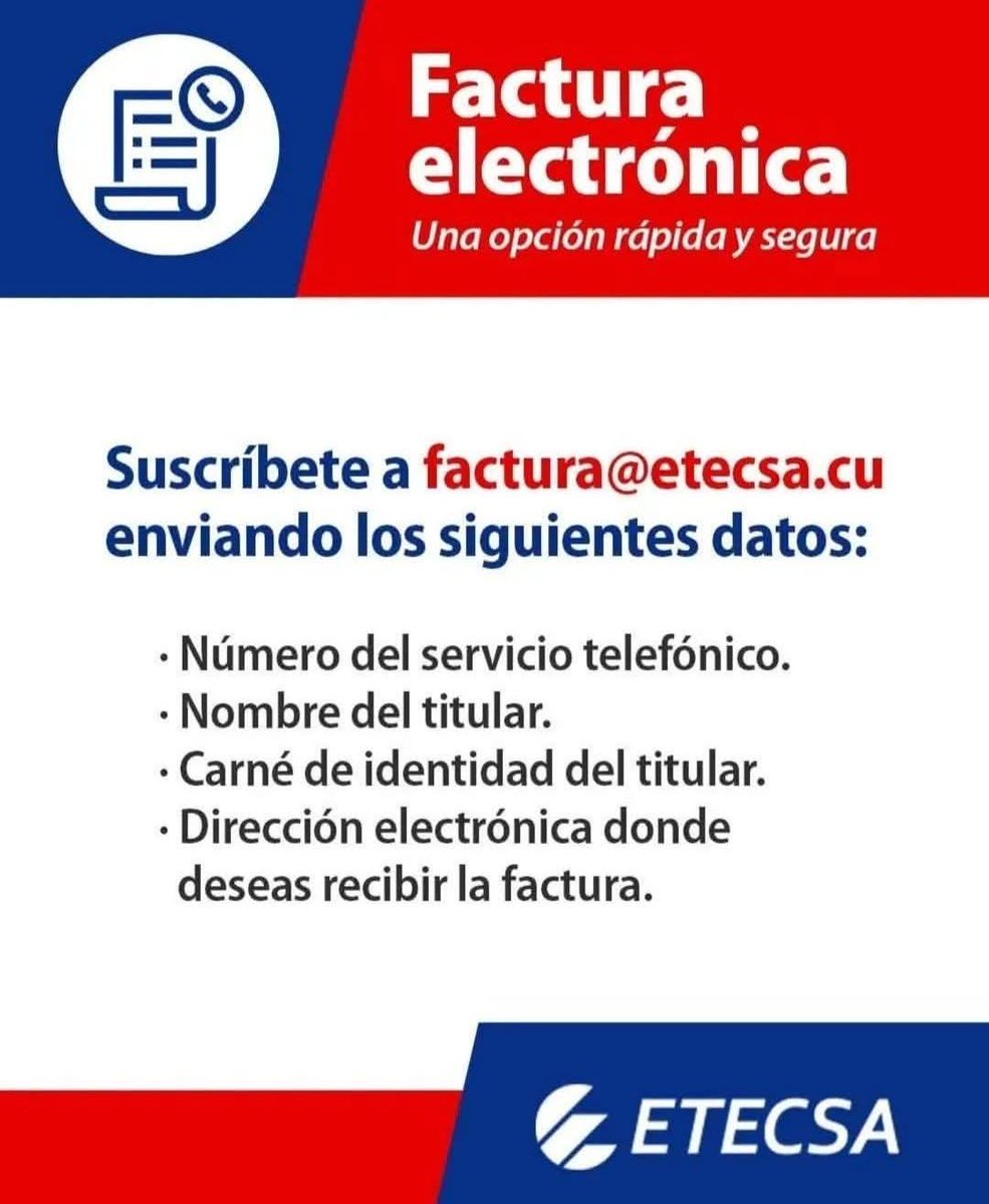 📩 #CámbiateALoDigital‼️
Recibe tu #FacturaElectrónica cada mes en tu correo. 📧 
✅📱 Gestiona tus pagos fácil y rápido.  
🏠📲 ¡Todo desde la comodidad de tu celular!  
 #EtecsaConCuba 💙🇨🇺