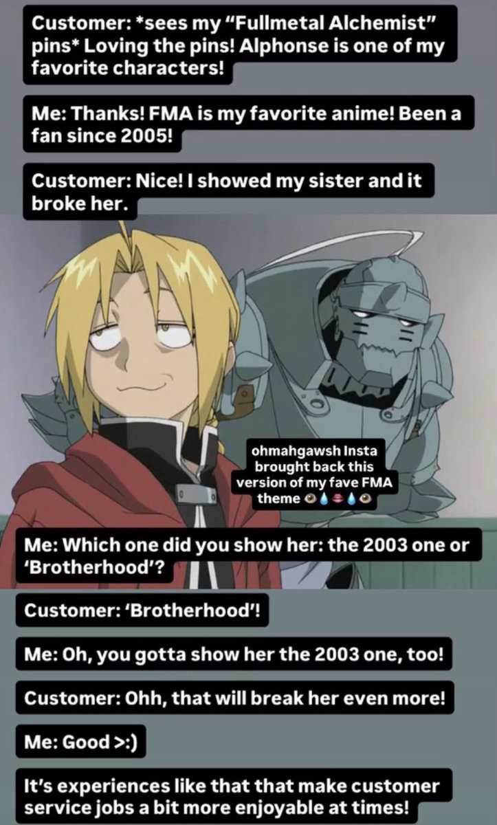 CinderaceQueen's tweet photo. I had a wholesome customer experience today! 🙌🏻 

And Instagram restored the lyric version of my fave FMA theme (“Period” by Chemistry, the 4th opening to “Fullmetal Alchemist: Brotherhood”)!!! 😭🙏🏻

 Overall, a great day! 💜💚 https://t.co/QC3bswFfZn
