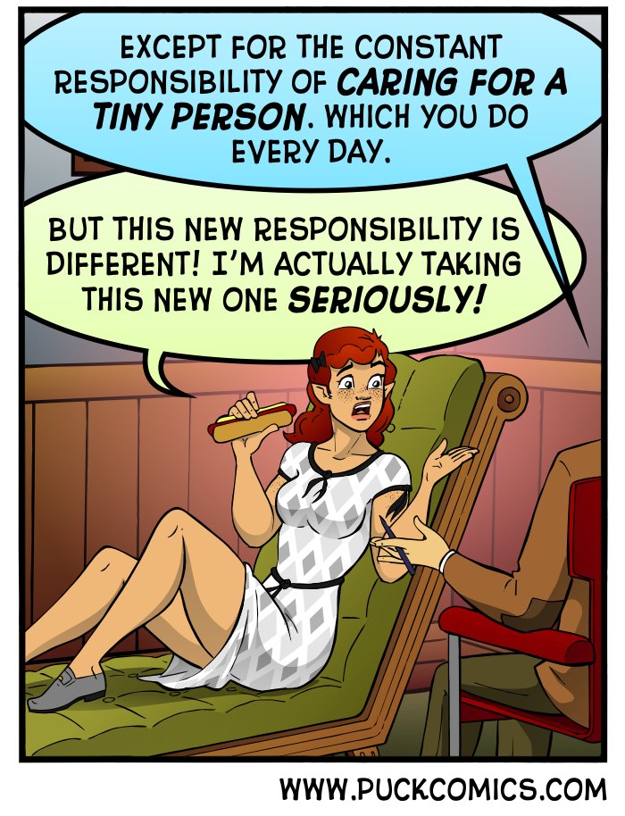 The processed meats make the psychotherapy more effective.  From the #webcomic Puck.