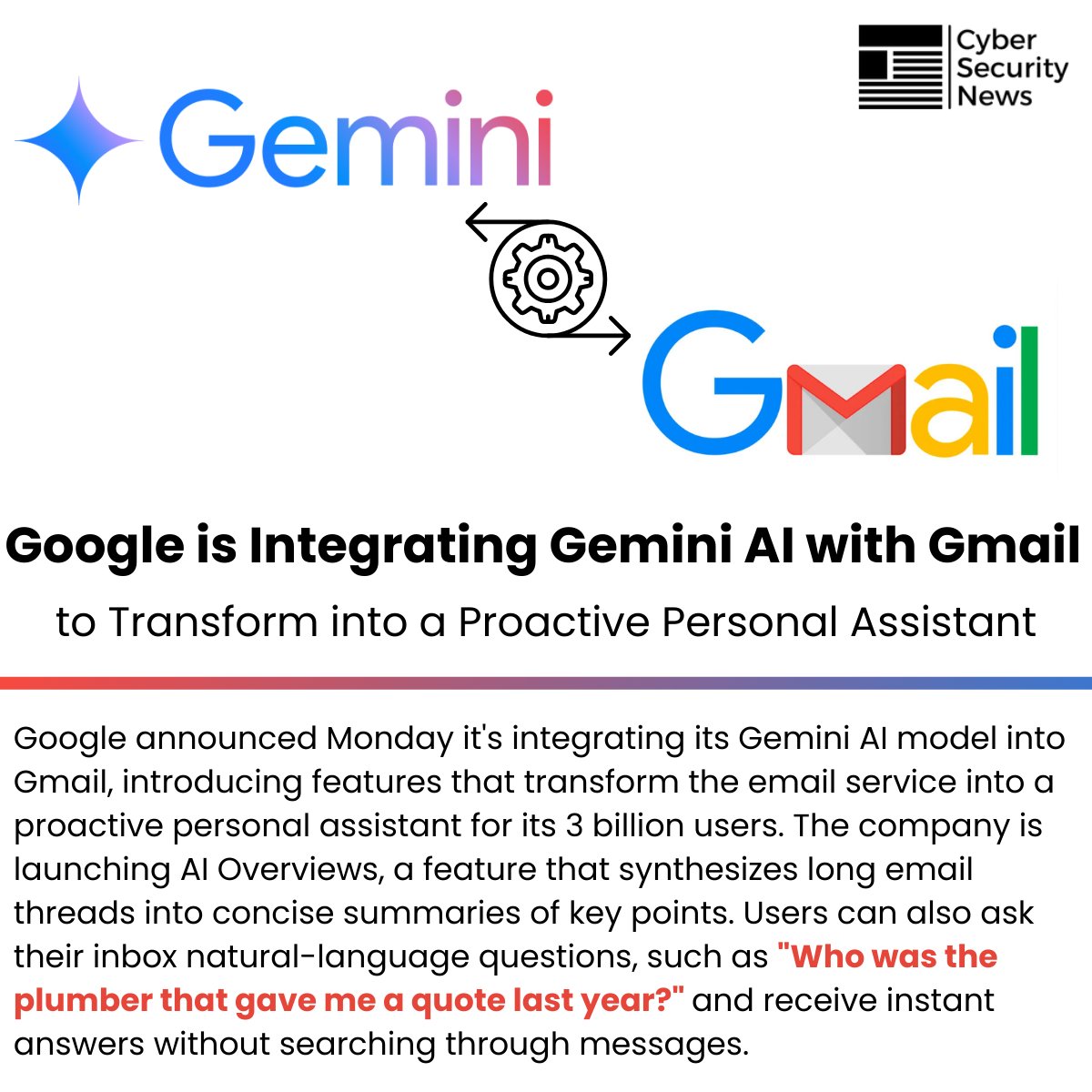 The_Cyber_News's tweet image. 🤖 Google is Integrating Gemini AI with Gmail to Transform it into a Proactive Personal Assistant 

Source: cybersecuritynews.com/google-gemini-…

Google announced Monday it's integrating its Gemini AI model into Gmail, introducing features that transform the email service into a proactive…
