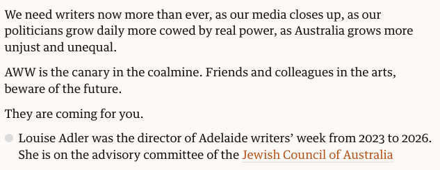 Aaronsmith333's tweet image. Powerful words from Louise Adler on Adelaide Writers Week:

"AWW is the canary in the coalmine. Friends and colleagues in the arts, beware of the future.

They are coming for you."
