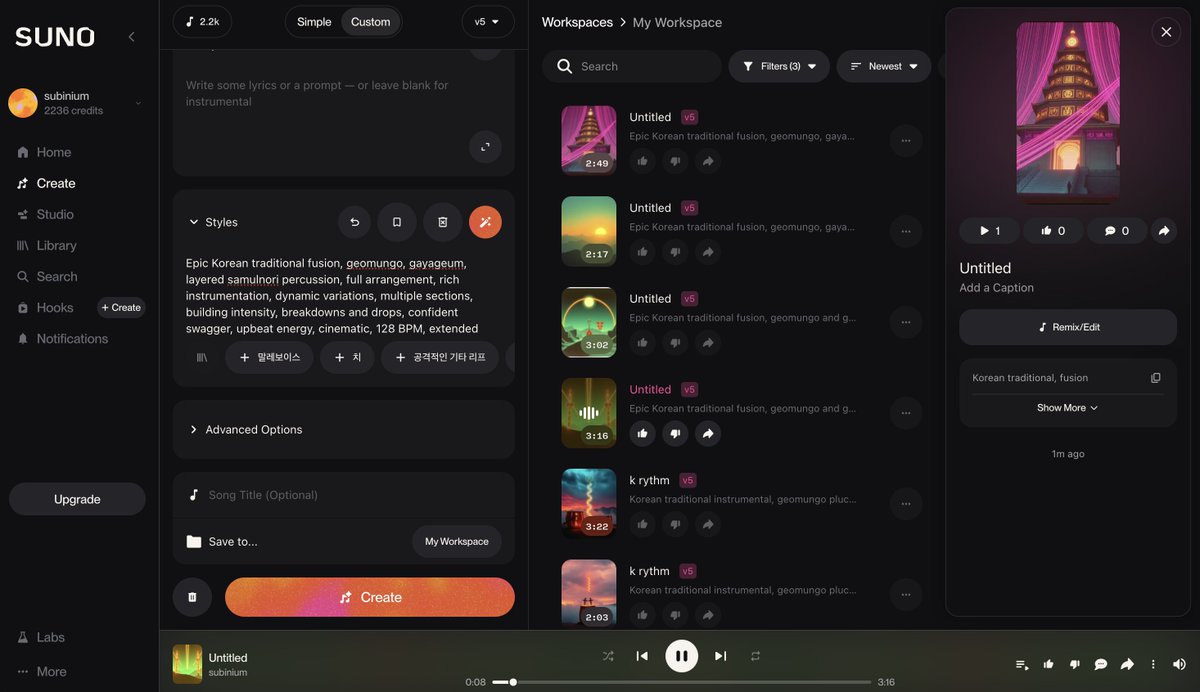 > my daily routine these days
> generate instrumental tracks on suno based on my daily mood 
> keep 3 cc tabs open - 2 for work / 1 for toy projects
> toy project structure design with gemini pro
> browse x while code runs, summarize interesting articles with grok