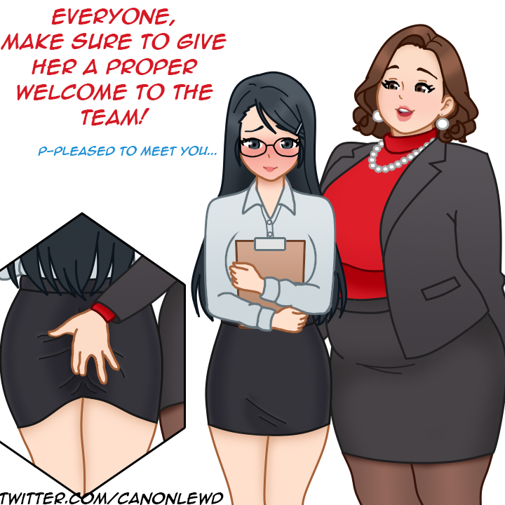 CANONLewd's tweet photo. It's Mina's first day! Good thing Carol from HR is so friendly https://t.co/xJQqJTN3Ge