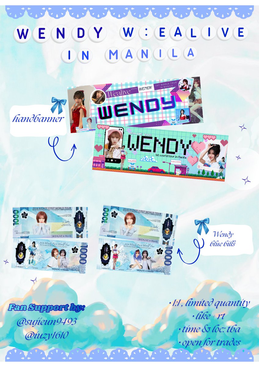 Sujieun9493's tweet photo. wendy w:ealive in manila

fan support by 
@sujieun9493
@iuzy1610
• different prints but strictly 1:1 , limited quantity
• like + rt 
• time &amp; loc: tba
• open for trades

#WENDY #웬디 #WEALIVE
#WENDY_WORLDTOUR
#WENDY_WORLDTOUR_MANILA
#WEALIVE_IN_MANILA https://t.co/AtX7h9dxWK