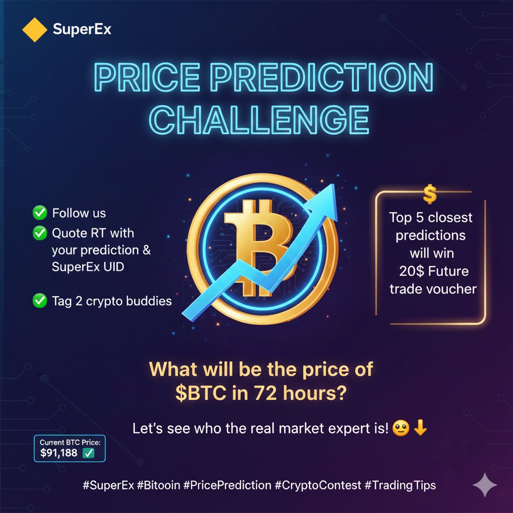 🎯 Price Prediction Challenge! ​What will be the price of $BTC (5$ ) in the  next 72 hours? 📈📉 ​To Win: ✓ Follow us ✓ Quote RT with your prediction &  SuperEx