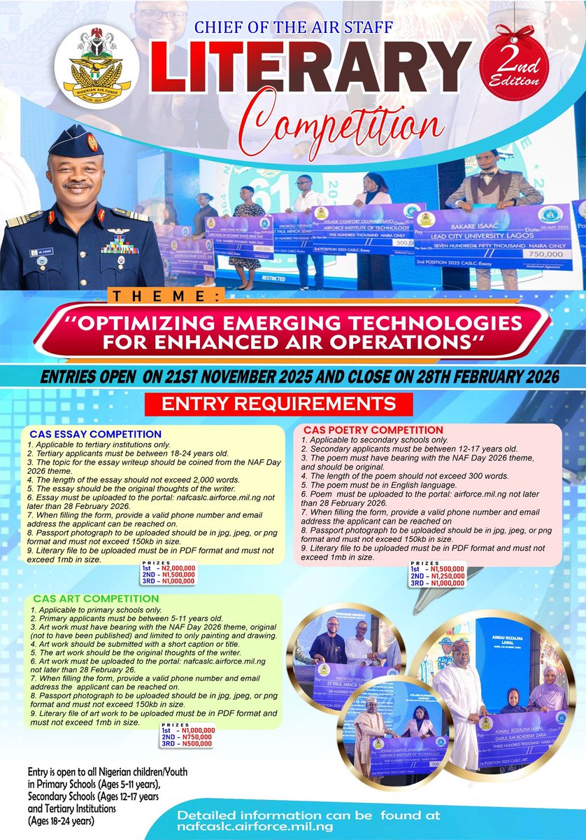 CAS LITERARY COMPETITION SPARKS YOUTH ADVOCACY AND INNOVATION IN EMERGING TECHNOLOGIES

The Nigerian Air Force (NAF) has extended a strategic call to Nigerian youths to showcase their creativity, sharpen their intellectual capacity, and contribute forward-looking ideas capable of