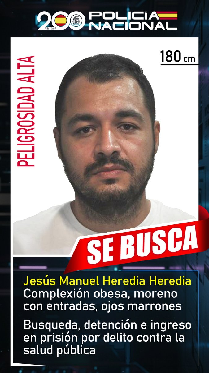 🔍Estamos buscando a este fugitivo, por un delito contra la #salud pública

   🔴Complexión obesa
   🔴Moreno, con entradas
   🔴Ojos marrones

Si lo has visto, o tienes alguna pista sobre su paradero👇

📩losmasbuscados@policia.es