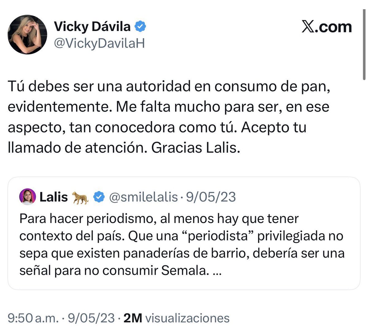 Nadie dijo nada cuando <a href="/MAndreaNieto/">MARIA ANDREA NIETO</a> le dijo a <a href="/smilelalis/">Lalis 🐆</a> que estaba “REPLETA”, mientras que <a href="/VickyDavilaH/">Vicky Dávila</a> hizo lo propio diciéndole que era “una autoridad en el consumo de pan”.

Pero ahora la extrema derecha se victimiza. Canallas es lo que son.