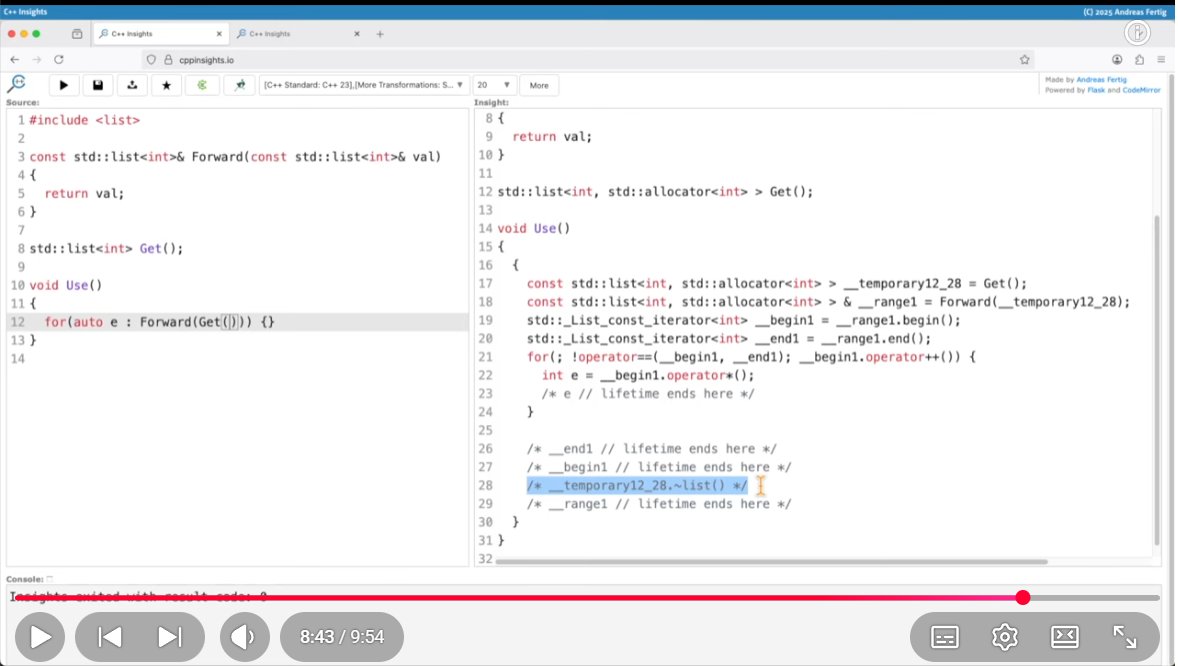 What C++ Insights can do for you?
 - it shows lifetime spans for your variables! 👍
Plus lesson learned (or forgotten and re-learned 😇): changed C++23 to C++20 behaviour when looping over a collection!
Source: youtube.com/watch?v=ay8Bnk… #cpp #cpp20 #cpp23 #TIRL