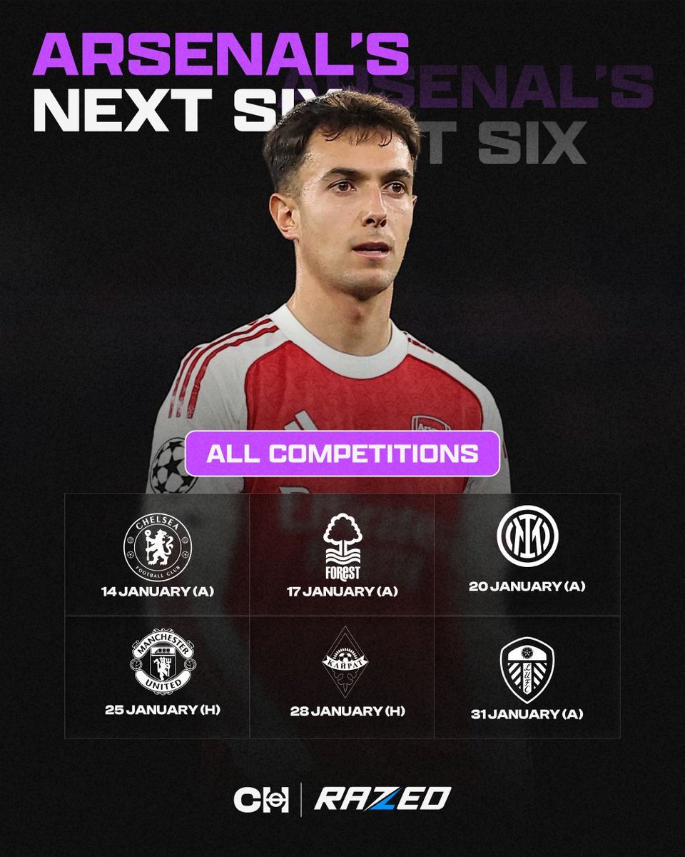 TikiTakaConnor's tweet image. A look at Arsenal’s upcoming fixtures… 🗓️

◎ Chelsea (A)
◎ Nottingham Forest (A) 
◎ Inter Milan (A)
◉ Manchester United (H)
◉ FC Kairat (H)
◎ Leeds Utd (A)

How many wins?👇