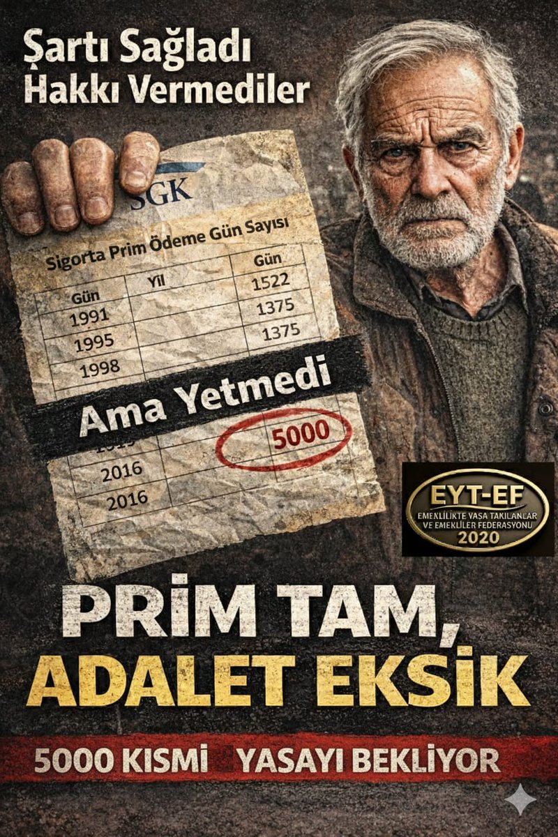 EYT
👇
#5000KısmiYasayıBekliyor

EYT meselesi;
5000 Prim ve Kısmi Emeklilik
Haklarımız teslim edilmediği sürece bitmeyecektir.

#EYT HAK'TIR !

27 yıllık mağduriyeti çözün !
El konulan Anayasal haklarımızı teslim edin !

#TümEmeklilerSandığıBekliyor
<a href="/RTErdogan/">Recep Tayyip Erdoğan</a>
<a href="/isikhanvedat/">Prof. Dr. Vedat Işıkhan</a>