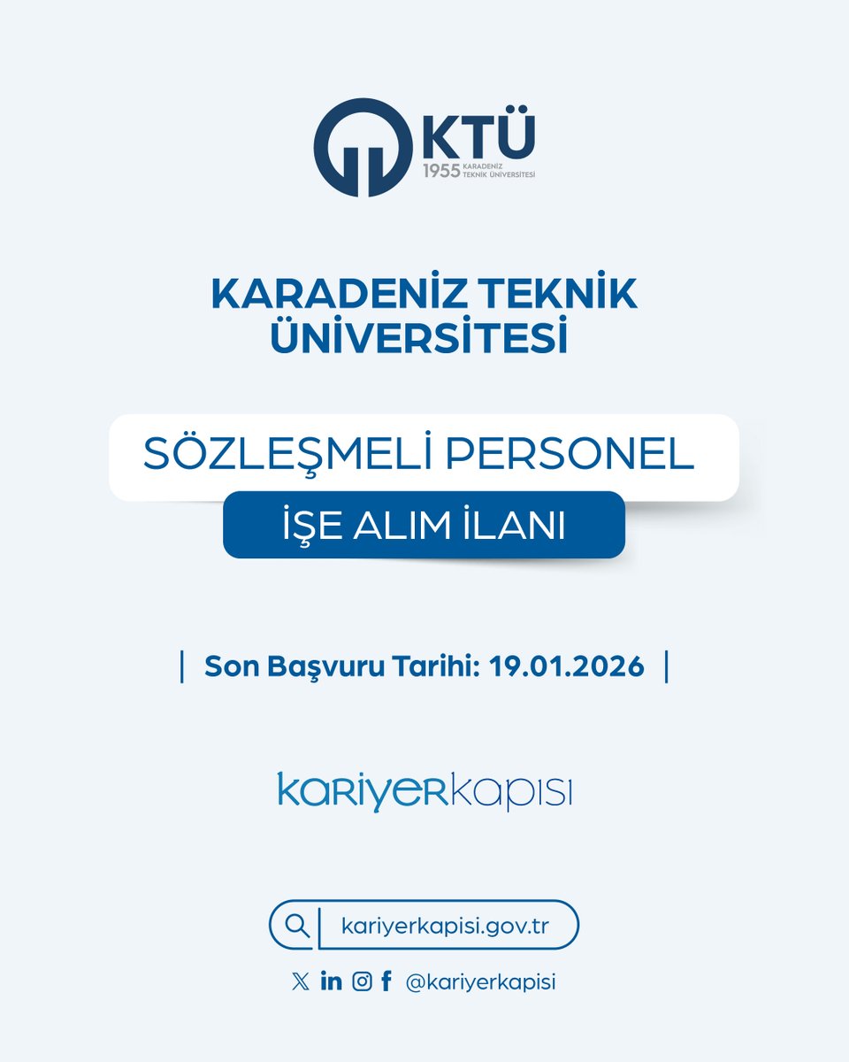 Karadeniz Teknik Üniversitesi 4/B Sözleşmeli Personel istihdam edecektir.

🔗 kariyerkapisi.gov.tr
🗓️ Son Başvuru Tarihi: 19 Ocak 2026

<a href="/tcktu1955/">KTÜ</a>