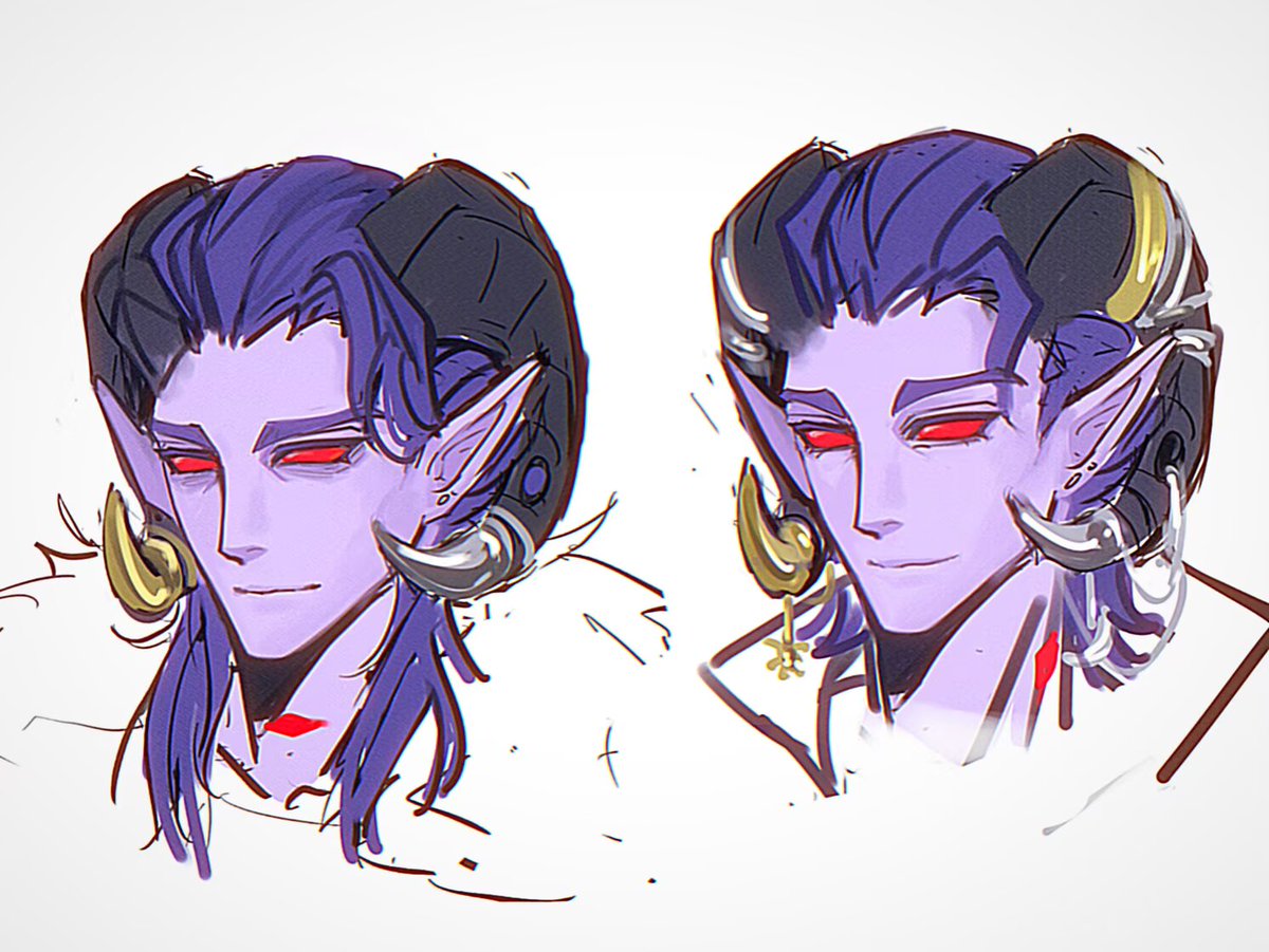 ForgeofDays's tweet image. 总之画了我认为的Lucien和Molly的气质差……
←黑眼圈/眉眼更沉/长头发/没有什么装饰
花哨的饰品/舒展的五官/轻松一点的笑容→
共同点大概是都比较爱笑，但笑起来的感觉也不一样（以及都会穿深v衬衫）
#mollymauk #CriticalRole