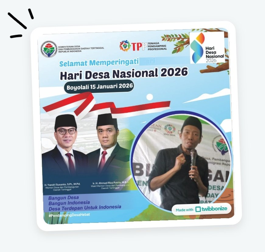 SEMARAKKAN HARI DESA 
Hari Desa Wujudkan Desa Menjadi Garda Terdepan Indonesia
<a href="/PrabowoSubianto/">PRABOWO 2014</a> 
@GibranRakabuming
<a href="/YandriSusanto/">Yandri Susanto</a>
<a href="/ArizaPatria/">Ariza Patria</a>
@KementerianDesaPDT
@BPSDMKemendesaPDT
@DesaPesonaNusantara
#HariDesaNasional2026
#PendampingDesaHebat
#TPPKemendesaPDT
#TPPProvinsiJatim