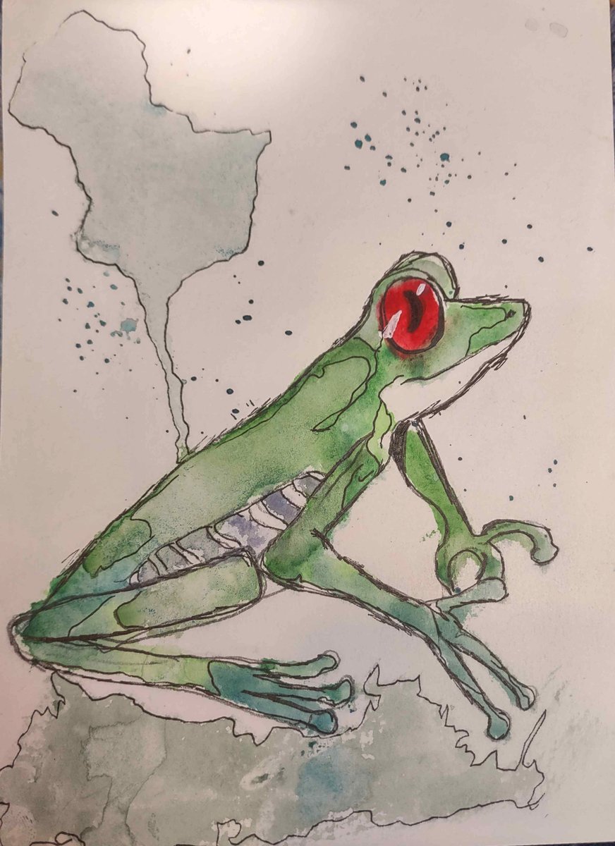 Little green froggy sitting and hanging out being cute. Watercolor on paper.