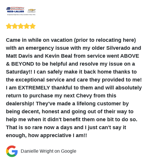 ReedLallierChev's tweet photo. We just received a great review on Google. Thank you Danielle Wright! https://t.co/VyZUWltWbJ