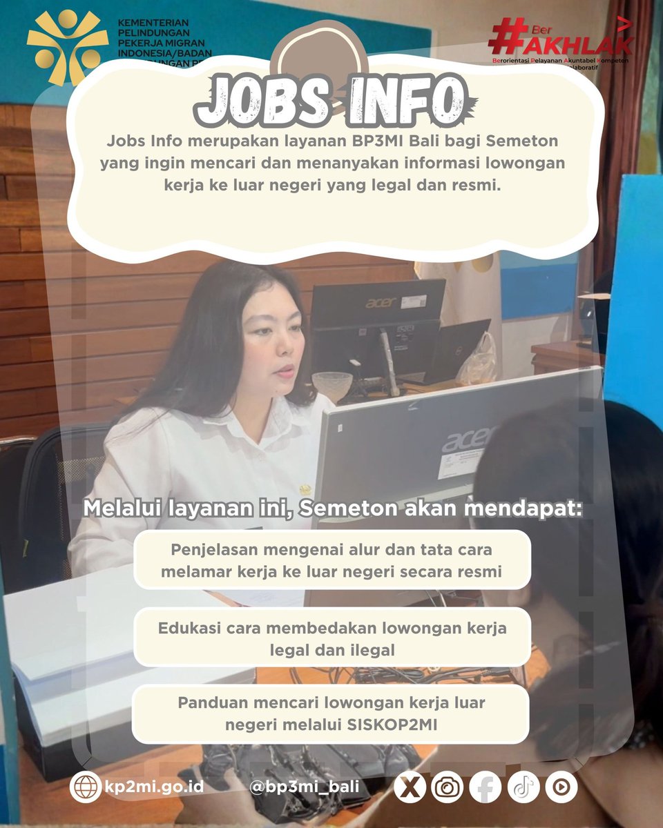 bp3mi_bali's tweet photo. (1) Hai #Semetonmigran
✨ KENALI LAYANAN BP3MI BALI ✨
BP3MI Bali hadir untuk melindungi dan mendampingi Semeton Pekerja Migran Indonesia sejak awal proses hingga kembali ke tanah air 🇮🇩 https://t.co/pflObNxWal