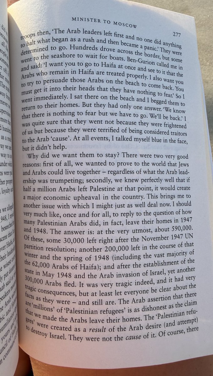 zoecabina's tweet image. Golda Meir writing about how she and Ben Gurion tried to dissuade Arabs from leaving Palestine in 1948, contrary to the Nakba narrative