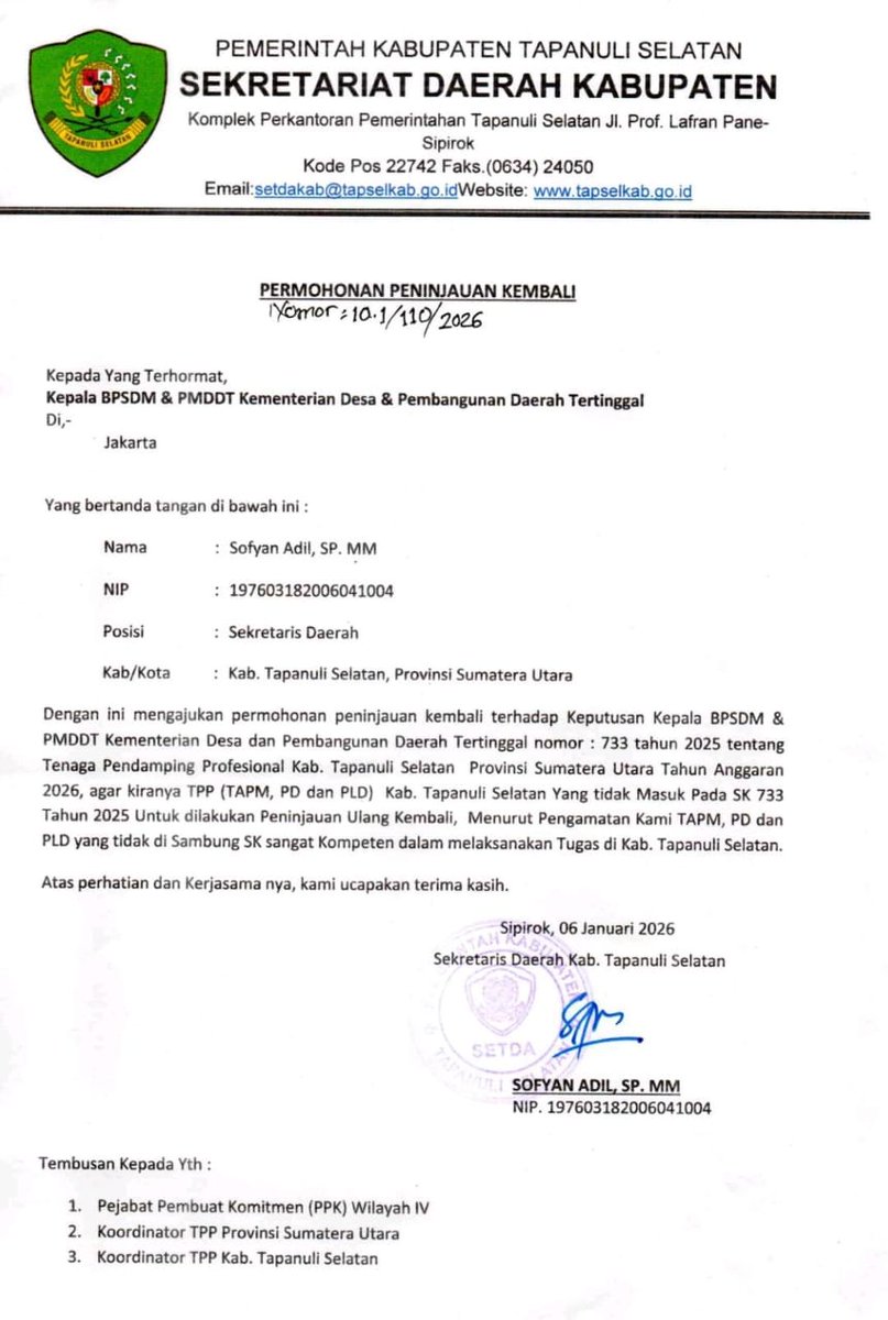 Kami keberatan atas SK 733 Thn 2025 yg diterbitkan BPSDMPMDDT Kemendesa PDT.
Kebijakan harus adil, transparan &amp; menghormati HAM.

#1150TPPdiSumutdiPHKMassal
#KeberatanSK733BPSDM
#TPPProvinsiSumut
<a href="/prabowo/">Prabowo Subianto</a> <a href="/YandriSusanto/">Yandri Susanto</a> <a href="/ArizaPatria/">Ariza Patria</a> <a href="/KerjaSeskabRI/">Letkol Teddy Indra Wijaya</a>  <a href="/KemenkumhamRI/">KemenkumHamRI</a>