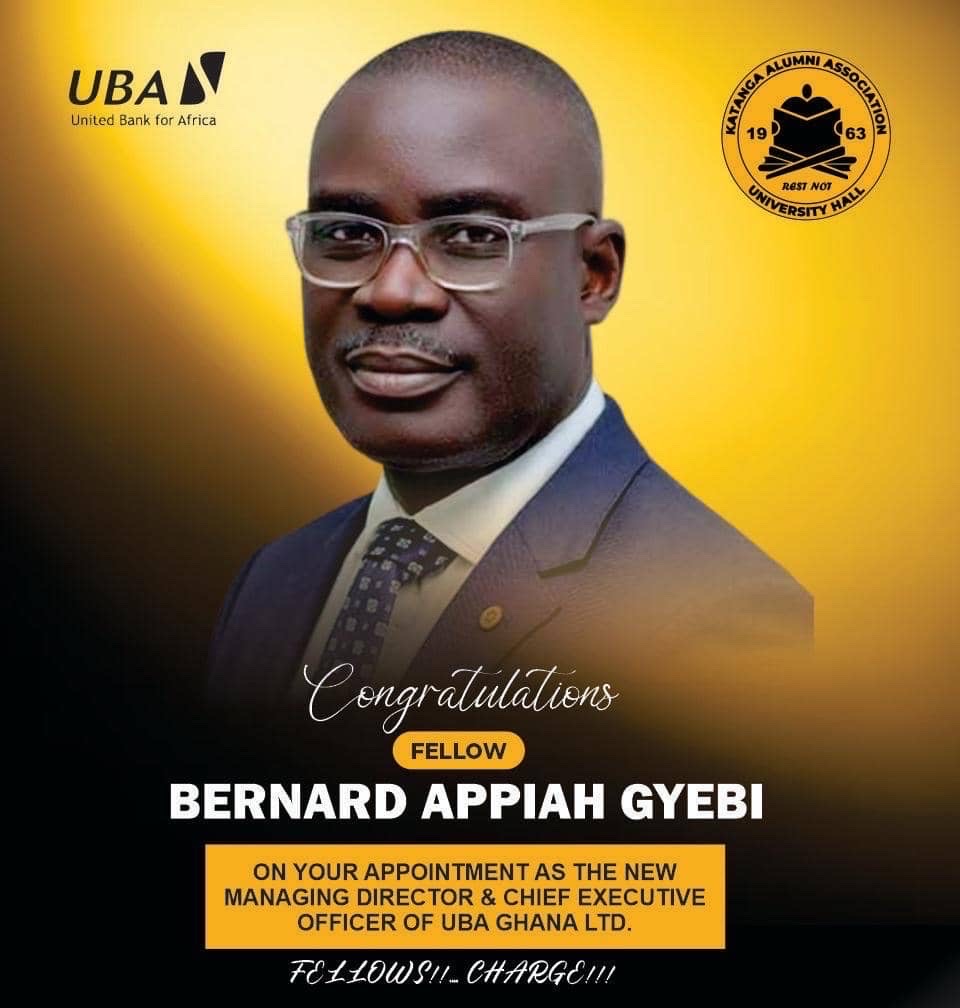 Congratulations to our Fellow, Bernard Appiah Gyebi, on your appointment as the Managing Director &amp; Chief Executive Officer of UBA Ghana Ltd. Wishing you excellence and impact in this new role.🖤💛

#KatangaAlumni #RestNot #KNUST #FellowsCharge