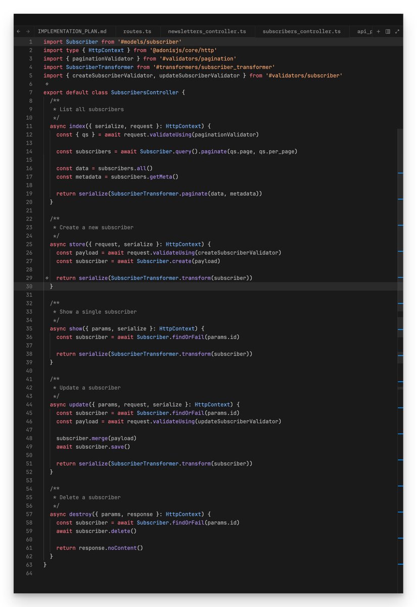 This code gives you

- Fully validated and properly serialized JSON API
- E2E types for a frontend client and tests
- OpenAPI schema

There are zero docs-only decorators and neither everything is cramped into a single file. You keep AdonisJS structure and still get end-to-end