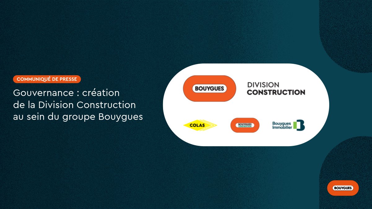[#communiquédepresse ] Depuis le 1er janvier 2026, le groupe Bouygues a décidé de regrouper ses filiales <a href="/GroupeColas/">Groupe Colas</a> , <a href="/Bouygues_C/">Bouygues Construction</a> , <a href="/Bouygues_Immo/">Bouygues Immobilier</a> au sein d’une nouvelle Division Construction, placée sous la responsabilité de Pascal Minault.
👉bouygues.com/wp-content/upl…