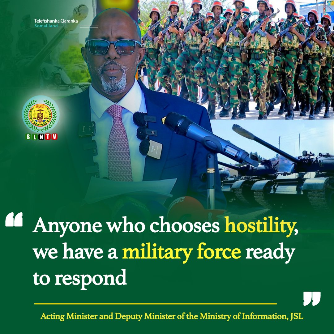 SLNTV's tweet photo. “Anyone who chooses #hostility, we have a #military_force ready to respond.”
Acting Minister and Deputy Minister of the Ministry of Information, JSL
#SomalilandRecognition https://t.co/tvqmmBJWgT