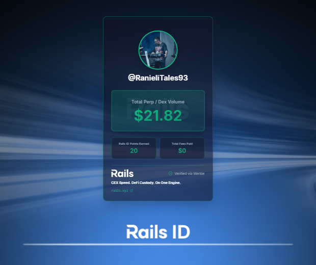 RanieliTales93's tweet photo. I just got my Rails ID. It pulls my DEX volume history into a single card and shows 20 Rails ID Points earned so far.

 Now it’s all about Rails Play: @rails_xyz ’s perps training ground.

Claim your Rails ID now: https://t.co/EJE33JO2CN https://t.co/6l7Tkujt6c