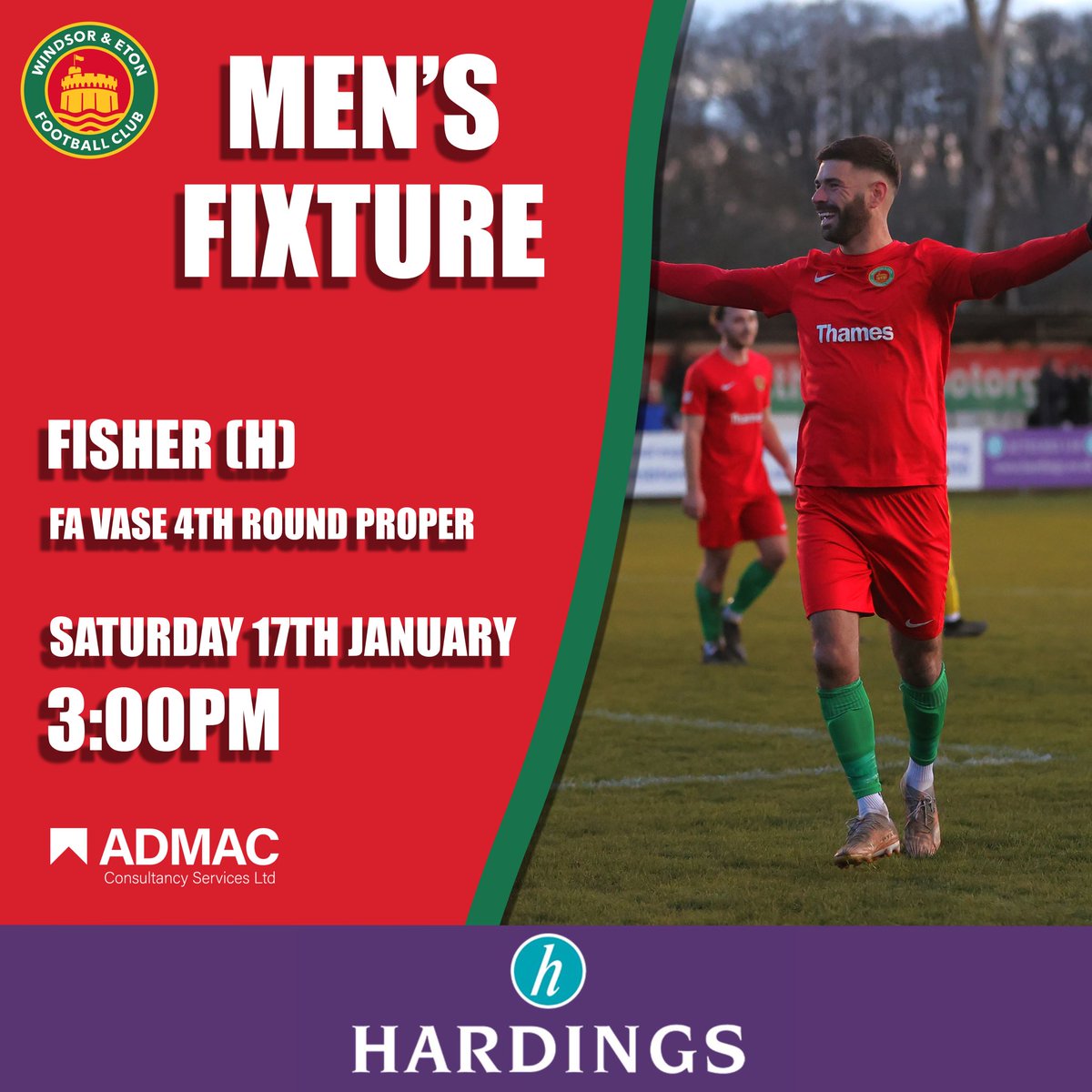 This Saturday is a huge weekend for the club as we welcome <a href="/FisherFC/">Fisher FC</a> to Stag Meadow in the last 32 of the #FAVase

Let’s get as big a crowd as we can to support Rob and the squad 🙏

A big thank you to ADMAC Consultancy Services who will be sponsoring the match 🙌