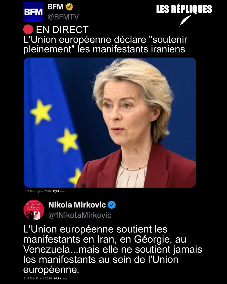 Les_Repliques's tweet image. "L'Europe se tient aux côtés du peuple iranien dans son combat légitime pour la liberté" a tweeté la présidente de la Commission européenne Ursula @vonderleyen 

@1NikolaMirkovic