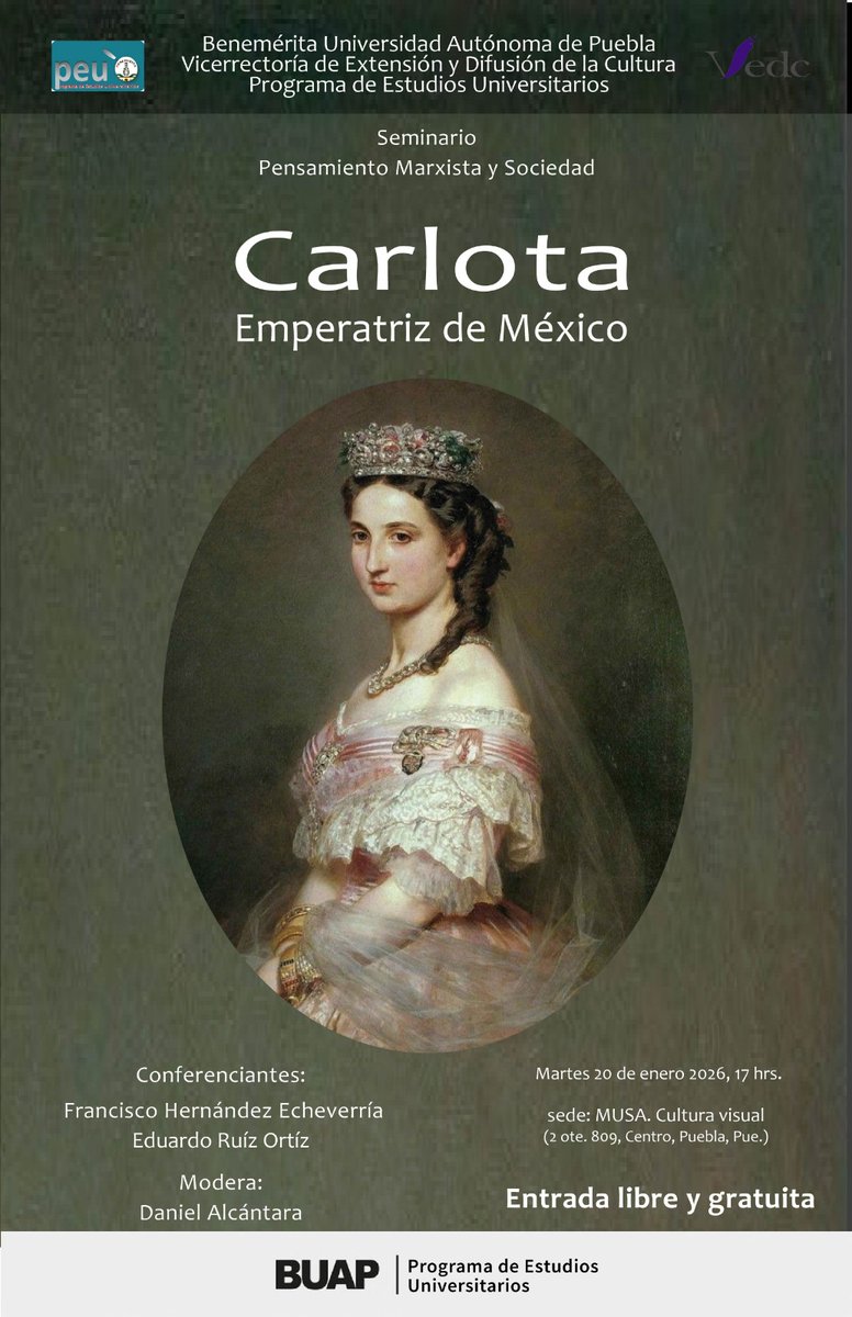 Amable invitación al seminario: Pensamiento Marxista y Sociedad dedicada a 𝗖𝗮𝗿𝗹𝗼𝘁𝗮 𝗘𝗺𝗽𝗲𝗿𝗮𝘁𝗿𝗶𝘇 𝗱𝗲 𝗠𝗲́𝘅𝗶𝗰𝗼. Conferencistas: Francisco Hernández Echeverría y 𝙇𝙞𝙘. 𝙀𝙙𝙪𝙖𝙧𝙙𝙤 𝙍𝙪𝙞𝙯 𝙊𝙧𝙩𝙞𝙯, moderado por Dr. Daniel Alcantara León.

Abajo los datos