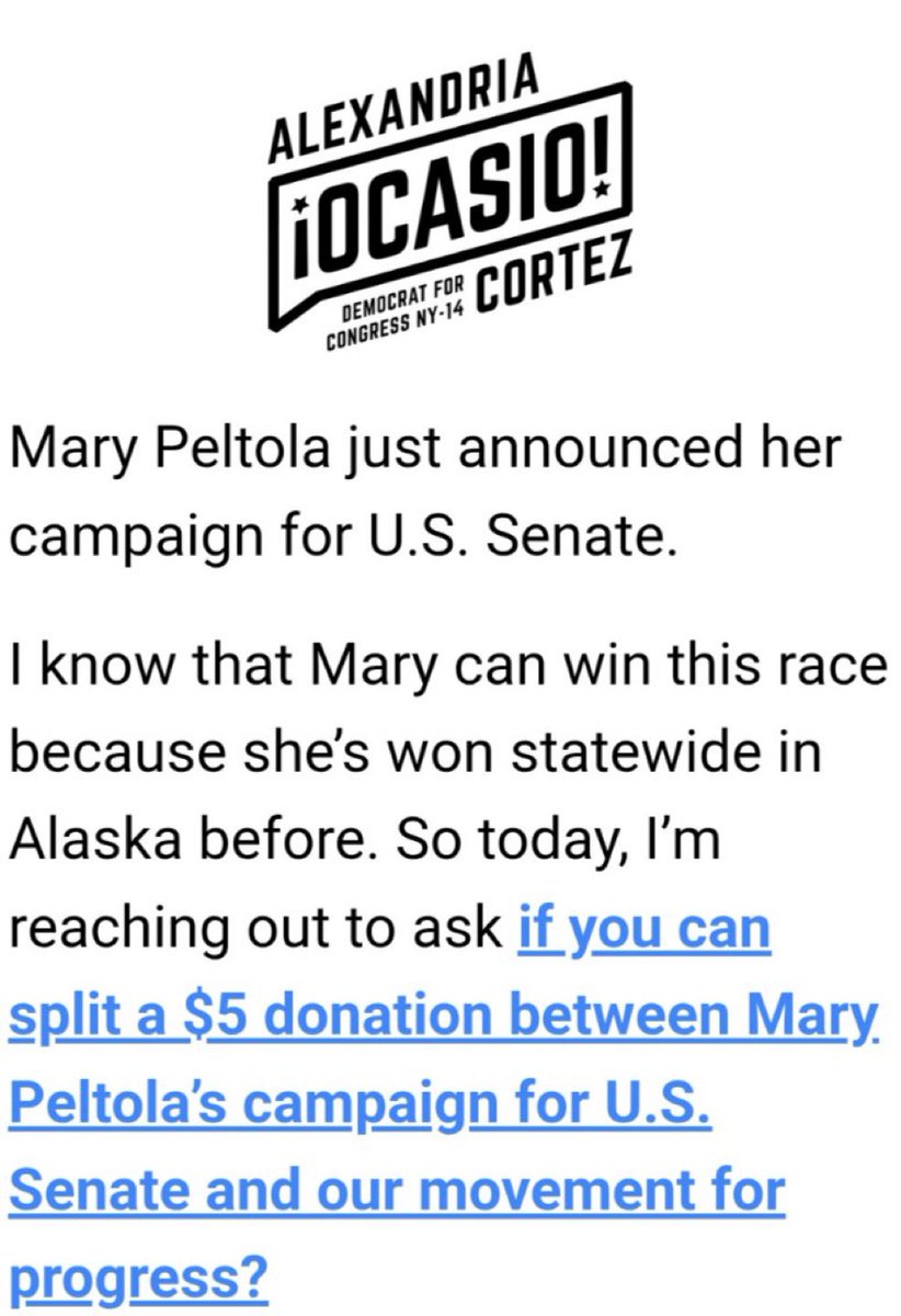 IAPolls2022's tweet image. Rep. Alexandria Ocasio-Cortez (D-NY) sends fundraising email urging supporters to donate to Mary Peltola's Alaska US Senate campaign — as one of the House's top fundraisers with nearly $20M raised this cycle.
