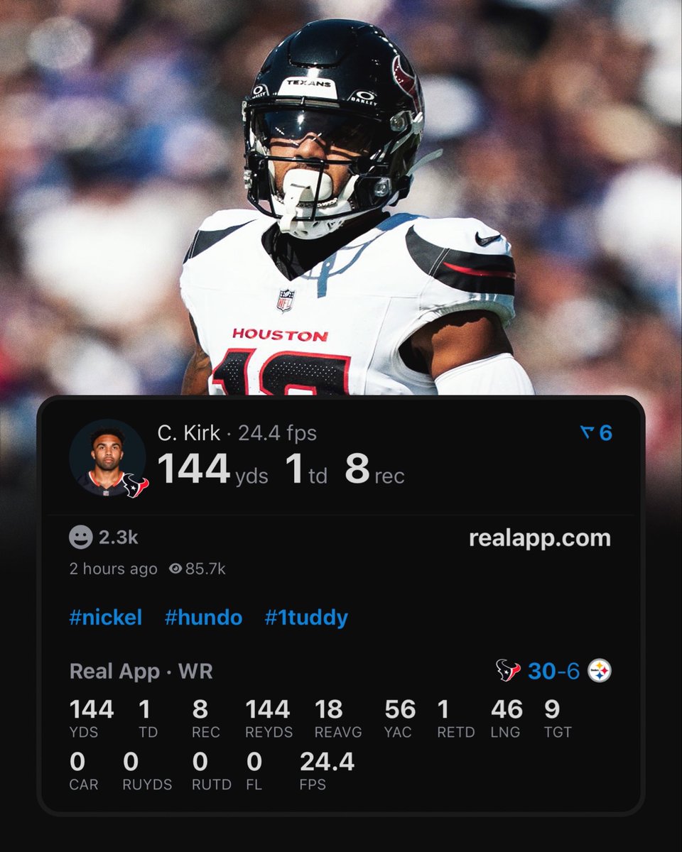 realapp's tweet image. Christian Kirk just had the most receiving yards in a playoff game in Texans history.