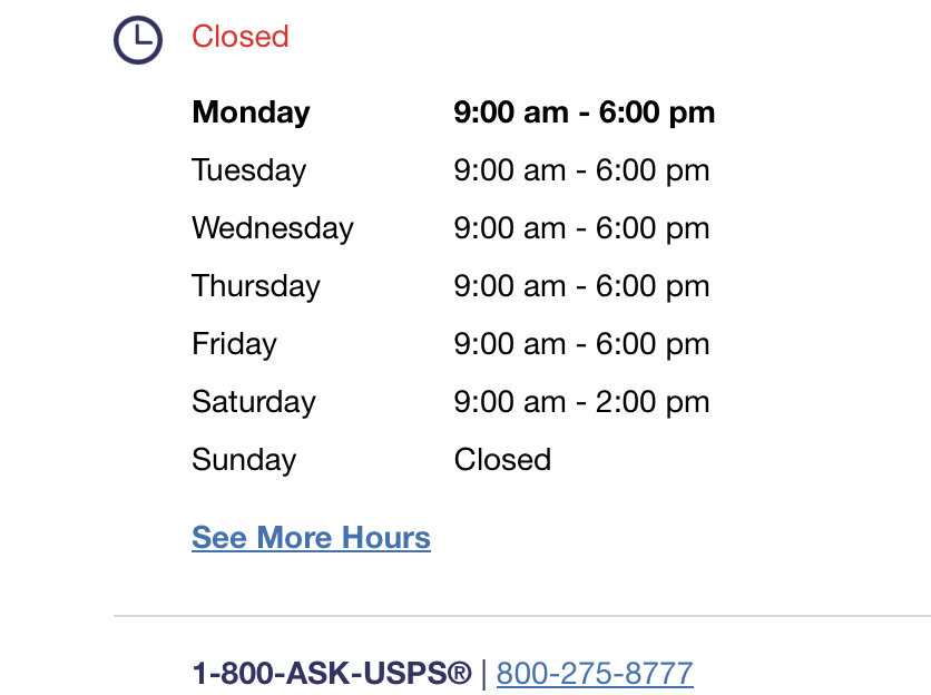 matthewdmarsden's tweet image. For all the people who said on here that my wife should have planned better when she went to the post office, here is a screenshot of the website of a post office in Dallas. Its not the one she went to, but every one I have seen is the same.

Please point me to the part that says…