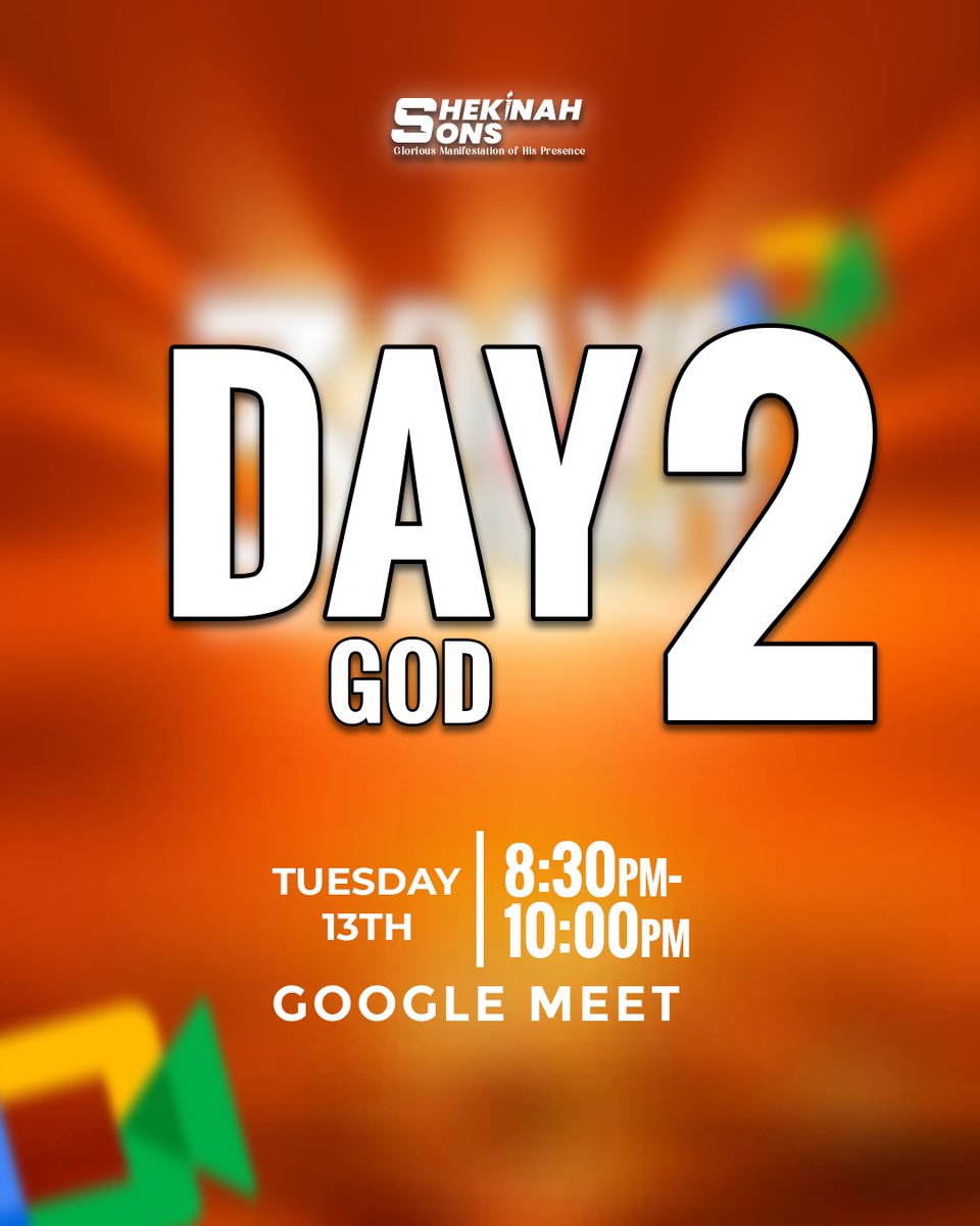 📌 TODAY 8:30PM
✍🏽DAY 2️⃣OF  3️⃣ DAYS OF LIGHT💥
📖Gen.1.3 And God said, Let there be light: and there was light. (KJV)*

Light brings clarity and enhances speed!

```Theme : Day 2 - GOD ```

meet.google.com/chd-jwef-dct