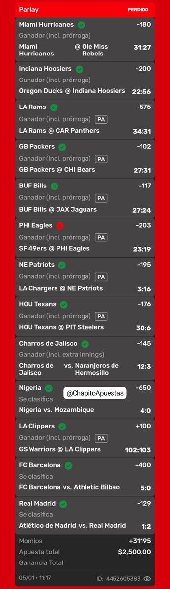 Vean este Parlay en el cual me falló solamente #FlyEaglesFly Chingones.

➡️ Con $2,500 pesitos pagaba $1,100,000 pesos 🤯 !!!

Ya armé otra BOMBA MILLONARIA para esta Semana 💣

Se las voy a Compartir a los Chingones que:
- Comenten 🗨
- Den 🔄❤️