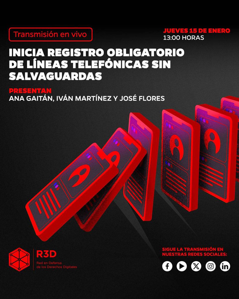 Si te interesa el tema del registro obligatorio de líneas telefónicas y el proceso que vendrá en los próximos meses, te invitamos a unirte a nuestro streaming en vivo para resolver todas tus dudas. 
 
📅 jueves 15 de enero
🕦 1pm 
🔵 En todos nuestros canales de redes sociales.