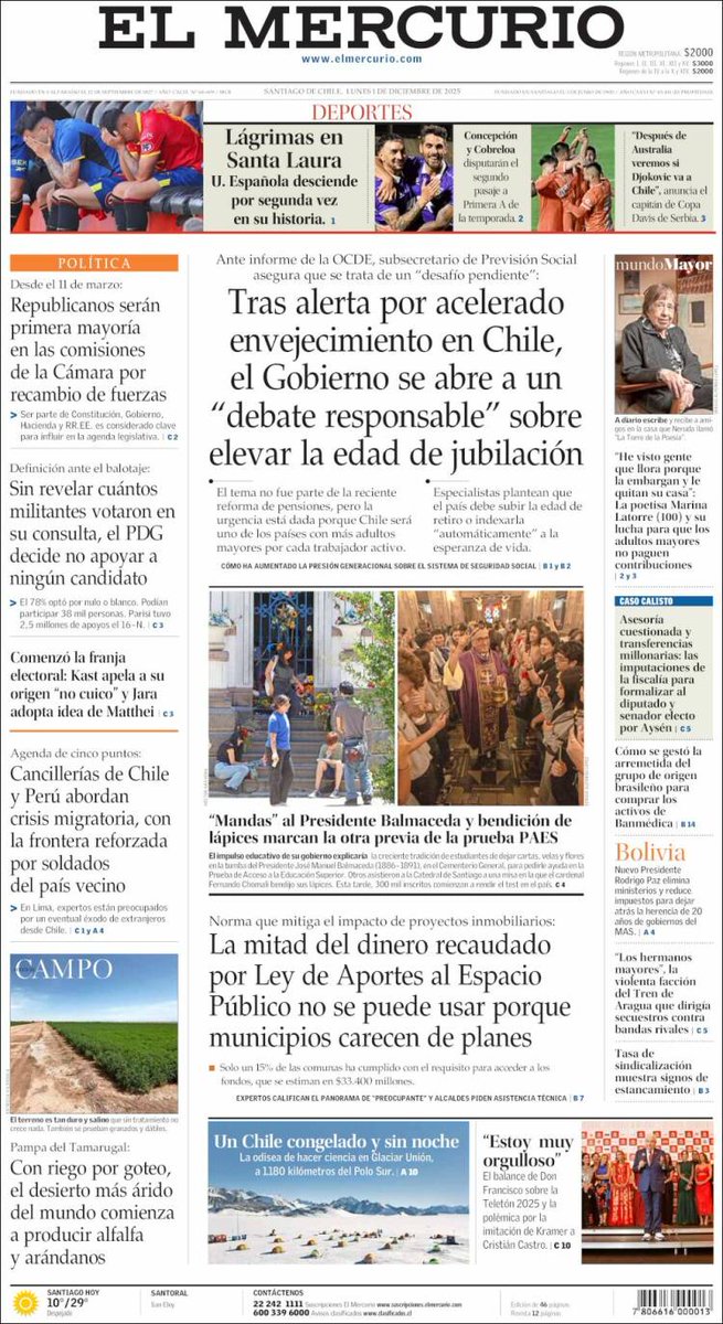 ToDoBal's tweet photo. "Mandas" al presidente Balmaceda, 2025-01-12 El Mercurio - portada https://t.co/py97Forab0