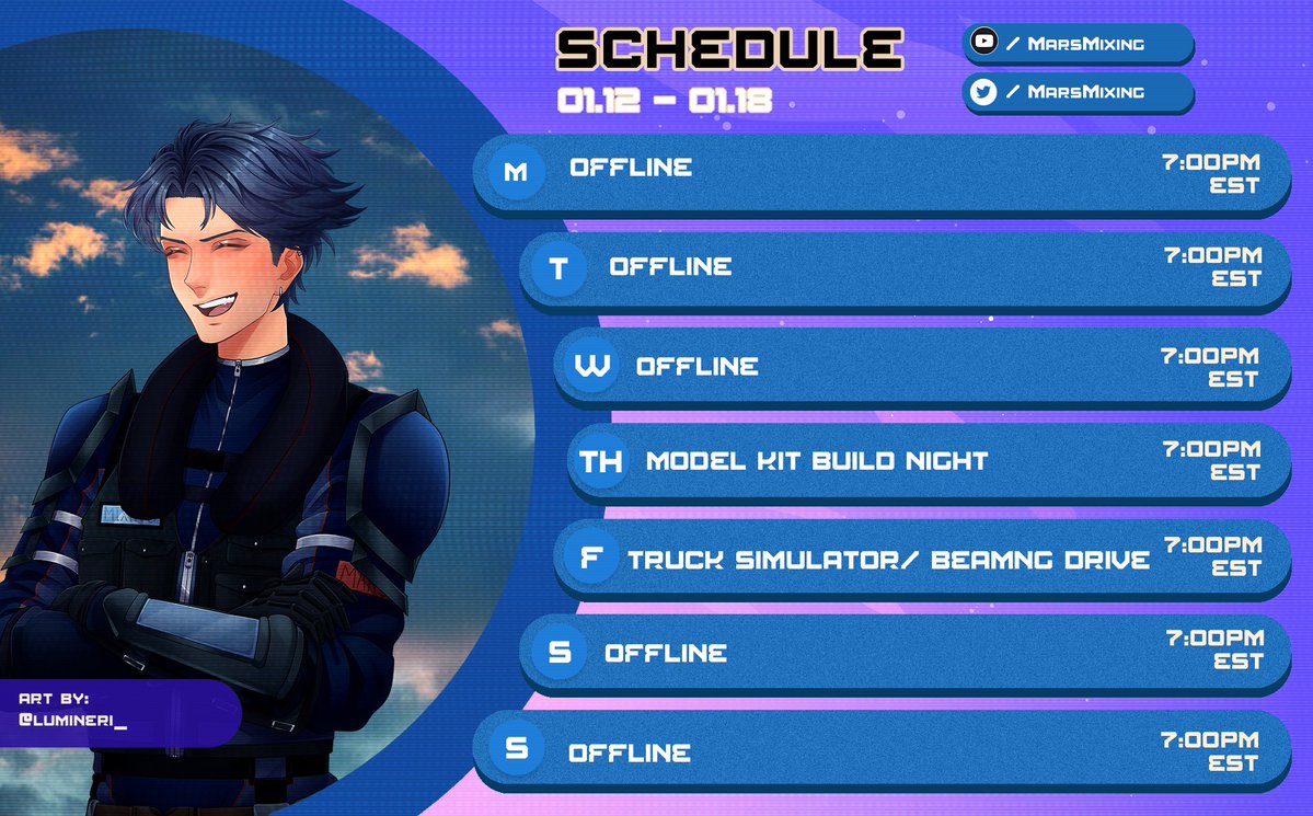 MarsMixing's tweet image. [Stream Schedule - January 12th  - January 18th]   

Las week at work was tiring so we're making up for the gunpla building stream later this week! 

Also doing some 100% legal and safe driving.
