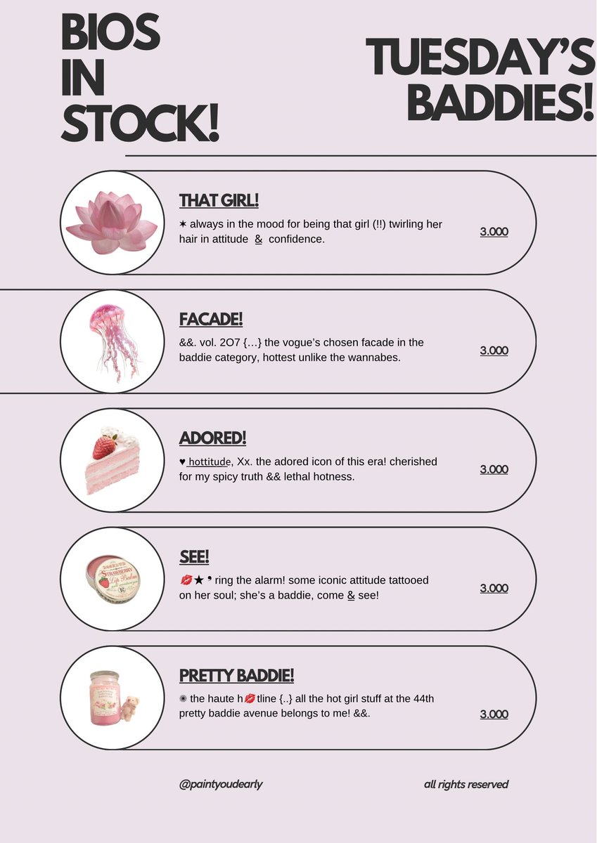 paintyoudearly's tweet image. 𓈒⠀⠀𓏸⠀⠀𓇼 a repost, please? thank you! 🍮🥄 

happy tuesday, lovelies! aku punya bio wording ready stock baddies, angels, and cuties series yang bisa diklaim sekarang juga. 🍧🎀 grab these beauties fast! &amp;lt;3 #zonauang