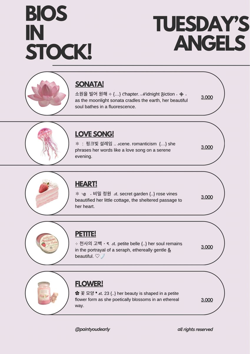 paintyoudearly's tweet image. 𓈒⠀⠀𓏸⠀⠀𓇼 a repost, please? thank you! 🍮🥄 

happy tuesday, lovelies! aku punya bio wording ready stock baddies, angels, and cuties series yang bisa diklaim sekarang juga. 🍧🎀 grab these beauties fast! &amp;lt;3 #zonauang
