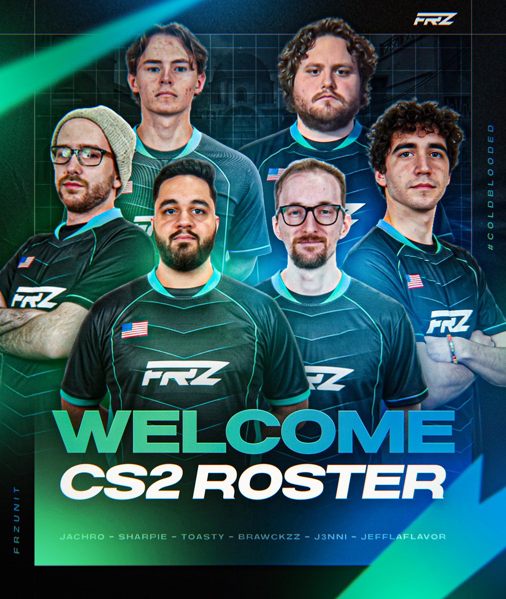 FRZUnit's tweet image. Welcome our brand new CS2 team!

🧊 @JACHR0
🧊 @SharpieCS 
🧊 @CS_toasty 
🧊 @brawckzz 
🧊 @j3nniman
🧊 @JeffLaFlavor - coach 

#ColdBlooded