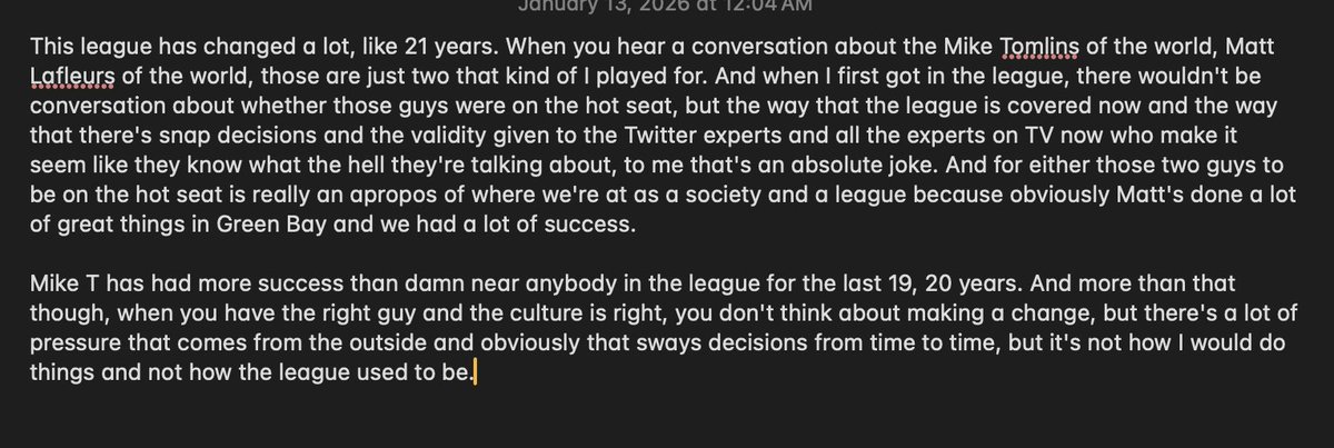 bepryor's tweet image. Aaron Rodgers' comments supporting Mike Tomlin:

"Mike T has had more success than damn near anybody in the league for the last 19, 20 years. And more than that though, when you have the right guy and the culture is right, you don't think about making a change." 

Full comments⬇️