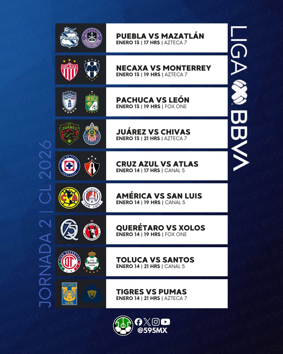 595MX's tweet photo. 🇲🇽 #LigaBBVAMX
🏆 Clausura 2026 
⚽️ Jornada 2
⏰ Fechas y Horarios
📺 Transmisión https://t.co/88KFZ27WOl