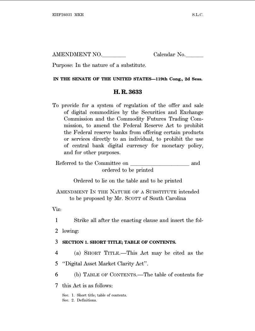 美国参议院银行委员会主席蒂姆·斯科特发布经数月谈判的跨党派加密市场结构法案文本